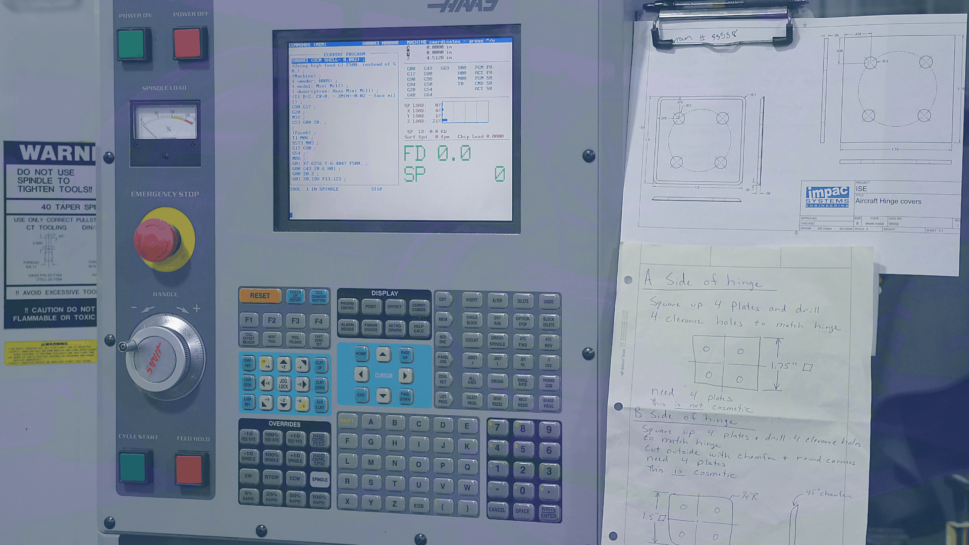 3-Axis milling machine control panel, with CAD drawing and client instructions taped next to it